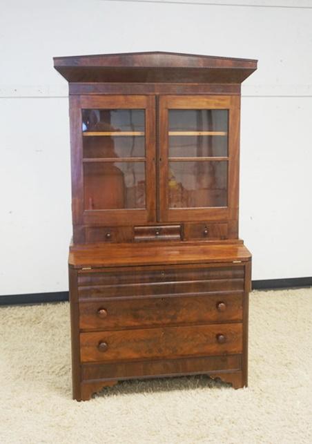 2 PIECE EMPIRE MAHOGANY SECRETARY: 2 PIECE EMPIRE MAHOGANY SECRETARY DESK WITH BOOK MARKED VENEER DRAWER FRONTS, APPROXIMATELY 40 IN X 20 IN X 75 IN HIGH