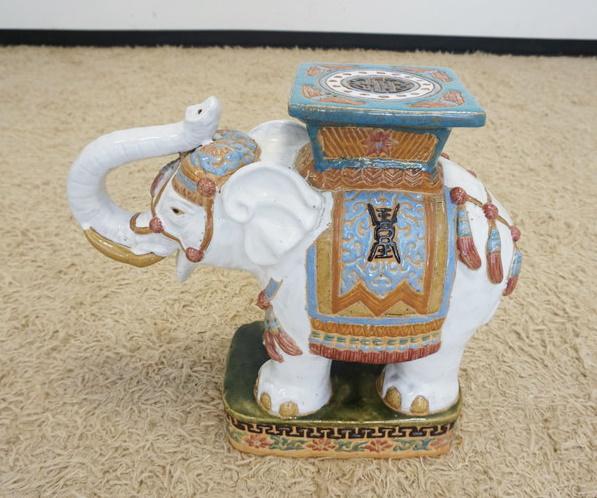 ELEPHANT POTTERY GARDEN BENCH: ELEPHANT POTTERY GARDEN BENCH, APPROXIMATELY 21 IN X 8 IN X 19 IN HIGH
