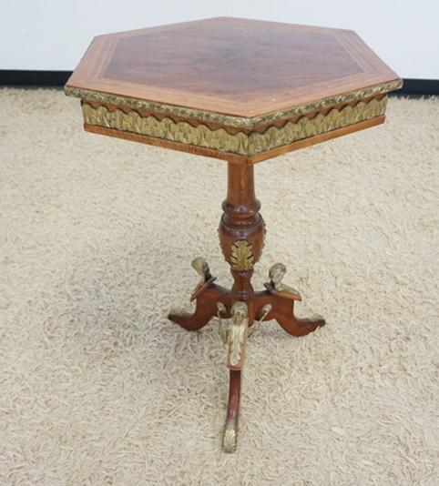 INLAID & BANDED LAMP TABLE: INLAID & BANDED LAMP TABLE W/METAL TRIM & MOUNTS, APPROXIMATELY 19 IN X 30 IN HIGH