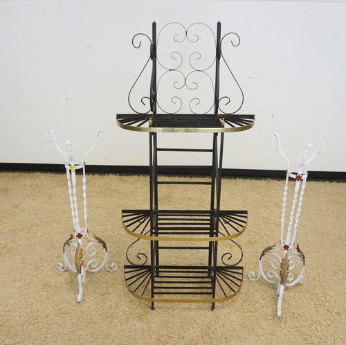 LOT SMALL BAKERS RACK & 2 WROUGHT IRON STANDS (1 of 1)