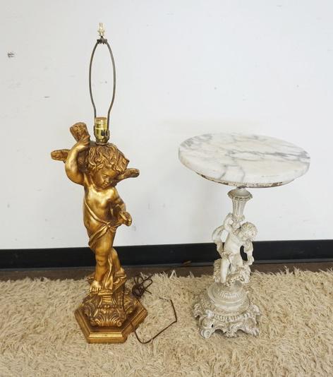 LOT CHERUB LAMP & CHERUB CAST METAL TABLE (1 of 1)