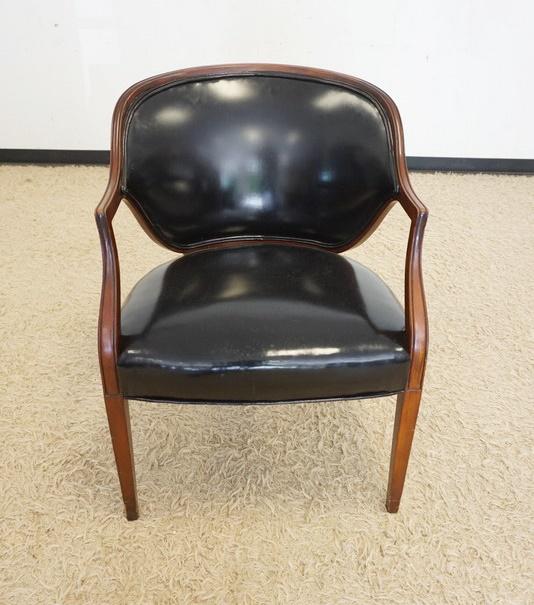 BLACK LEATHER & WALNUT FRAME ARMCHAIR: BLACK LEATHER & WALNUT FRAME ARMCHAIR