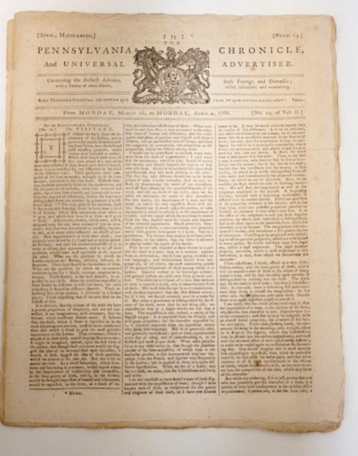 PENNSLYVANIA CHRONICLES 1768: APRIL 4TH 1768 ISSUE OF THE PENNSLYVANIA CHRONICLES NEWSPAPER, 4 DOUBLE SIDED PAGES