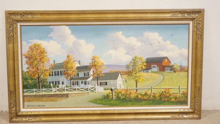 EDNA PALMER ENGELHARDT OIL ON CANVAS: SIGNED EDNA PALMER ENGELHARDT OIL ON CANVAS FARMHOUSE ON FOUL RIFT ROAD BELVIDERE 56 IN X 32 1/4 IN INCLUDING FRAME