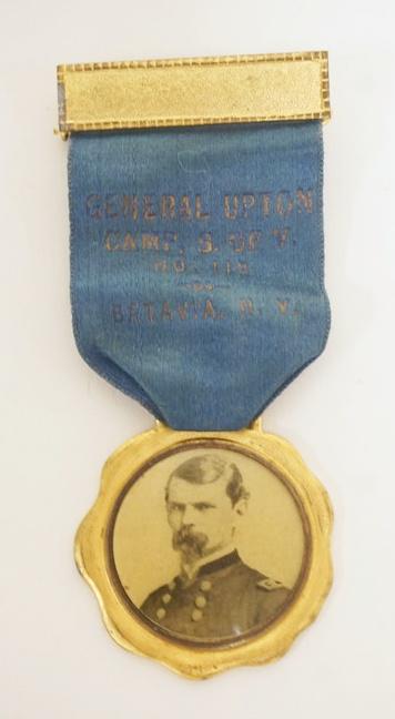 CIVIL WAR MAJOR GENERAL EMORY UPTON PITCURE MEDAL: CIVIL WAR MAJOR GENERAL EMORY UPTON PITCURE MEDAL, CAMP NO. 118 BATAVIA NY BASTIAN BROS & CO ROCHESTER NY PAT APPLIED 1 5/8 IN X 1 3/4 IN X 4 IN L