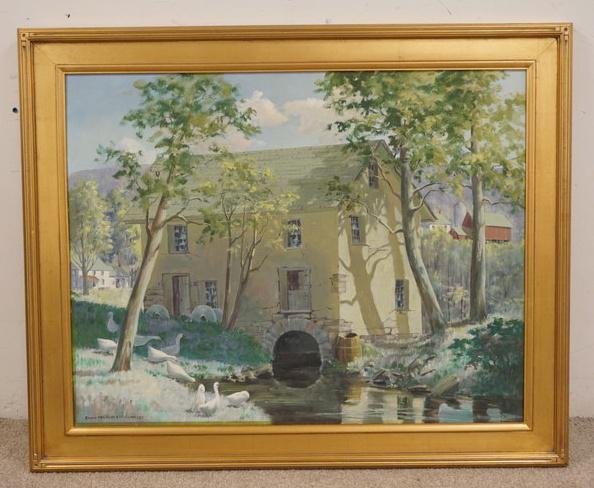 EDNA PALMER ENGELHARDT OIL ON CANVAS: SIGNED EDNA PALMER ENGELHARDT OIL ON CANVAS TITLED *OLD MILL ALONG THE MUSCONETCONG RIVER, NJ* 42 1/2 IN X 35 IN INCLUDING FRAME