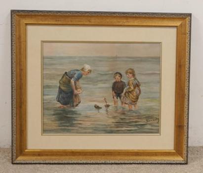 BERNADUS JOHANNES BLOMMERS WATERCOLOR: BERNADUS JOHANNES BLOMMERS SIGNED WATERCOLOR OF MOTHER PLAYING W/ CHILDREN IN WATER (HAGUE SCHOOL, DUTCH ARTIST. 1845-1914) 29 1/2 IN X 35 3/4 IN INCLUDING FRAME
