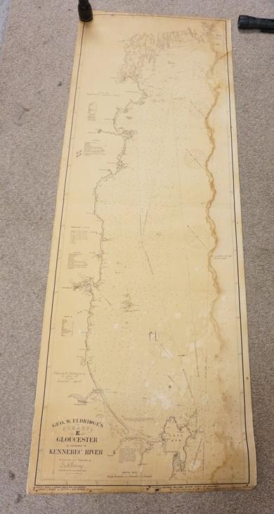 ANTIQUE MARITIME MAP GLOUCESTER: ANTIQUE MARITIME MAP GLOUCESTER TO ENTRANCE TO KENNEBEC RIVER, GEO W ELDRIDGE CHART, STAINING ON SIDES, APPROXIMATELY 25 IN X 68 IN
