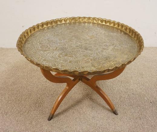 LARGE HAND TOOLED ASIAN BRASS TRAY ON STAND: LARGE HAND TOOLED ASIAN BRASS TRAY ON STAND, TRAY IS APPROXIMATELY 28 1/2 IN