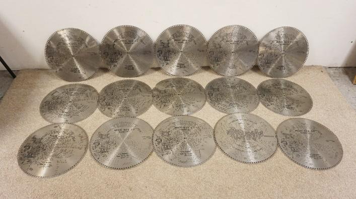 REGINA MUSIC BOX DISCS: REGINA MUSIC BOX DISCS LOT OF 15-15 1/2 IN DISCS, REGINA MUSIC BOX CO RAHWAY, NJ. INCLUDES CATALOG NOS. 1411, 1575, 1833, 1493, 1689, 1134, 1086, 1342, 1810, 1002, 1738, 1930, 1828, 1868, & 1834.