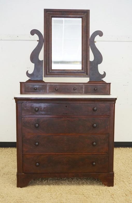 ANTIQUE EMPIRE MARBLE TOP 7 DRAWER MAHOGANY CHEST: ANTIQUE EMPIRE MARBLE TOP 7 DRAWER MAHOGANY CHEST W/OGEE MIRROR TOP, APPROXIMATELY 22 IN X 21 IN X 77 IN HIGH