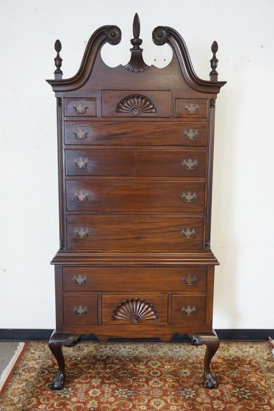 SOLID MAHOGANY SHELL CARVED 20TH CENTURY HIGHBOY: SOLID MAHOGANY SHELL CARVED 20TH CENTURY HIGHBOY, 2 PART ON BALL & CLAW FEET & REEDED QUARTER COLUMNS, APPROXIMATELY 40 IN X 23 IN X 87 IN HIGH