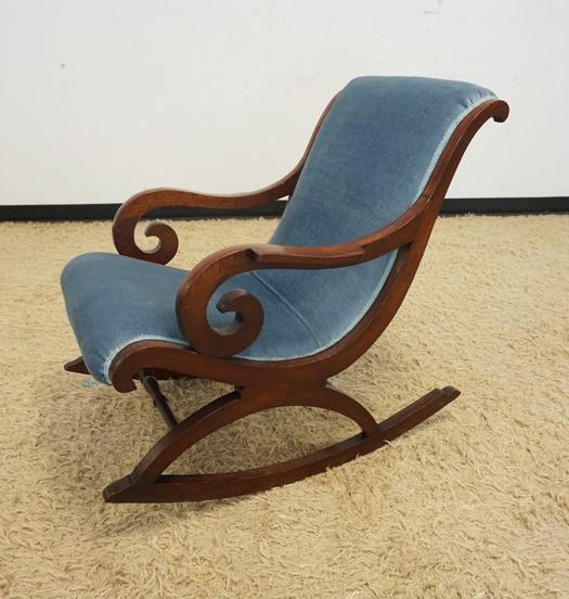 ANTIQUE EMPIRE UPHOLSTERED ROCKER: ANTIQUE EMPIRE UPHOLSTERED ROCKER W/CURLED WALNUT ARMS