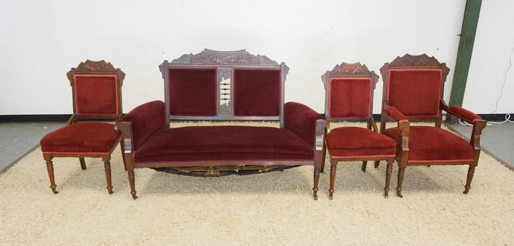 4 PIECE WALNUT VICTORIAN PARLOR SET: 4 PIECE WALNUT VICTORIAN PARLOR SET INCLUDING LOVESEAT, ARMCHAIR & 2 SIDE CHAIRS