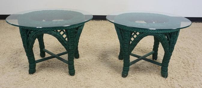 PAIR OF WICKER GLASS TOP PATIO TABLES: PAIR OF WICKER GLASS TOP PATIO TABLES, APPROXIMATELY 31 IN X 24 IN X 21 I HIGH
