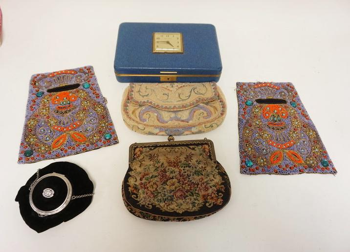 LOT LADYS BAGS & DRESSER BOX: LOT LADYS BAGS & DRESSER BOX W/NEW HAVEN CLOCK