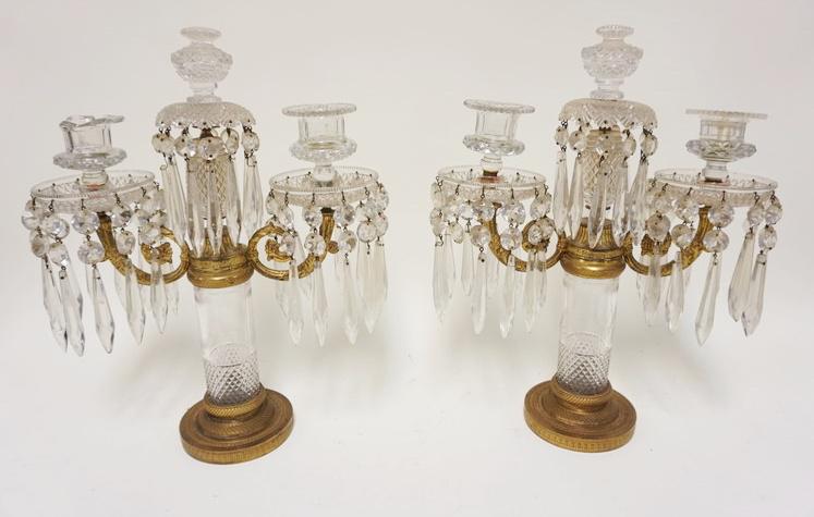 CUT GLASS & BRONZE CANDELABRAS: CUT GLASS & BRONZE CANDELABRAS, BOTH HAVING DAMAGE TO CANDLE HOLDERS, APPROXIMATELY 17 IN HIGH