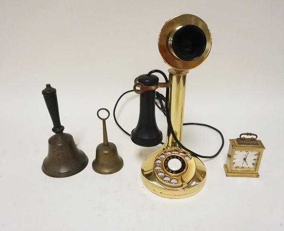 LOT BRASS BELLS, CANDLESTICK TELEPHONE & BULOVA CLOCK: LOT BRASS BELLS, CANDLESTICK TELEPHONE & BULOVA DRESSER CLOCK