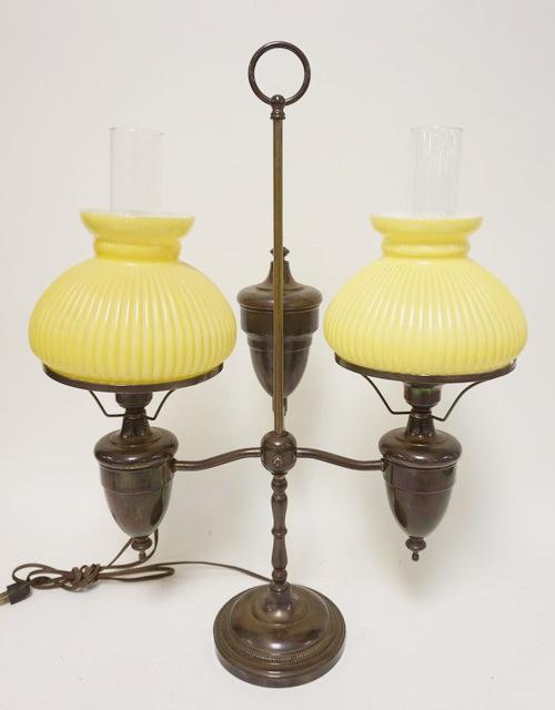 CONTEMPORARY DOUBLE STUDENT LAMP: CONTEMPORARY DOUBLE STUDENT LAMP W/YELLOW RIBBED CASED GLASS SHADES, 25 1/2 IN HIGH