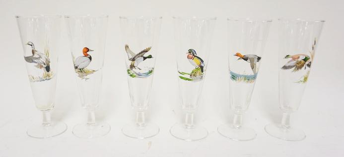 LOT OF 6 HAND PAINTED PILSNER GLASSES: LOT OF 6 HAND PAINTED PILSNER GLASSES, DUCK SCENES BY NED SMITH