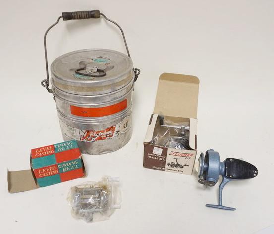 LOT OF 3 FISHING REELS & ALUMINUM LUNCH BOX: LOT OF 3 FISHING REELS & ALUMINUM LUNCH BOX