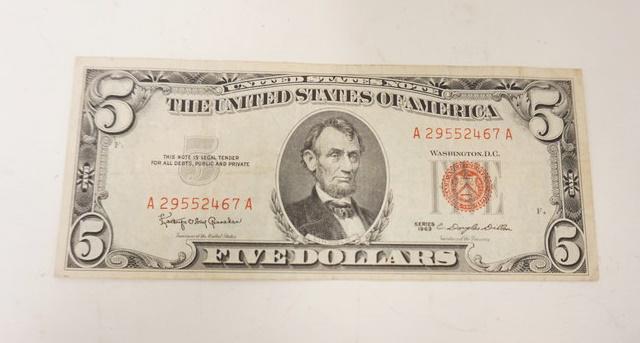 1963 5 DOLLAR BILL RED SEAL NOTE: 1963 5 DOLLAR BILL RED SEAL NOTE