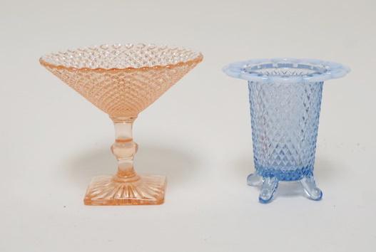2 PIECE GLASS LOT: 2 PIECE GLASS LOT, PINK COMPOTE & BLUE FOOTED BUD VASE W/RETICULATED EDGE, COMPOTE IS 5 IN HIGH