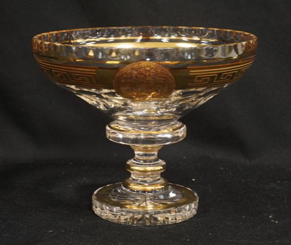 GLASS WORKS BOHEMIAN CZECH GLASS COMPOTE: GLASS WORKS BOHEMIAN CZECH GLASS COMPOTE W/GOLD DECORATION DEPICTING MEDUSA, APPROXIMATELY 6 1/2 IN HIGH X 8 IN DIAMETER