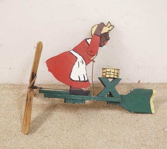 AMERICANA FOLK ART WOODEN MECHANICAL WEATHER VANE: AMERICANA FOLK ART WOODEN MECHANICAL WEATHER VANE, PAINT DECORATED, FIGURE MOVES WHEN PROPELLERS SPIN, SOME LOSS TO WOOD & PAINT, APPROXIMATELY 24 1/4 IN LONG