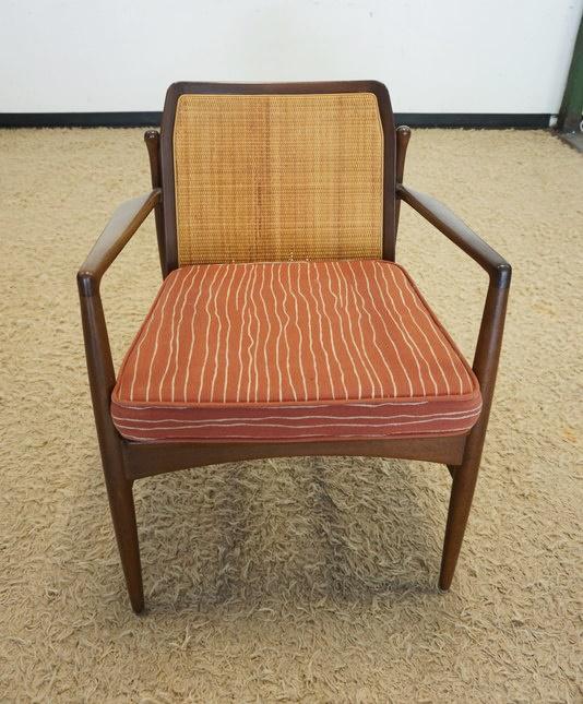 SELIG DANISH MODERN ARMCHAIR: SELIG DANISH MODERN ARMCHAIR W/WOVEN RATTAN BACK, SOME LOSS TO RATTAN