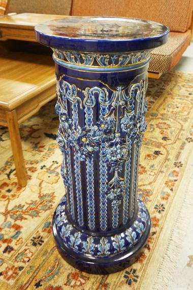 ANTIQUE SWEDISH RORSTRAND MAJOLICA PEDESTAL: ANTIQUE SWEDISH RORSTRAND MAJOLICA PEDESTAL, COBALT BLUE W/GOLD TRIM, APPROXIMATELY 27 1/2 IN HIGH X 12 1/2 TOP DIAMETER