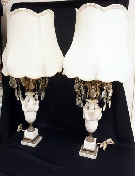 PAIR OF URN SHAPED MARBLE LAMPS: PAIR OF URN SHAPED MARLBE LAMPS WITH PRISMS, APPROXIMATELY 36 IN HIGH