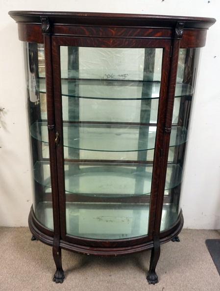 OAK MIRROR BACK BOW FRONT CRYSTAL CABINET (1 of 2)
