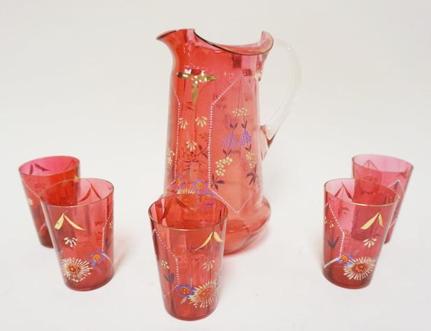 VICTORIAN CRANBERRY ENAMELED WATER SET (1 of 3)