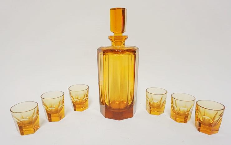 SIGNED MOSER KARLSBAD AMBER DECANTER, ETC (1 of 3)