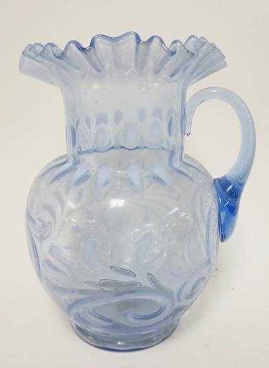 FENTON BUTTON & BRAID PITCHER: FENTON BUTTON & BRAID PITCHER, BLUE OPALESCENT PITCHER, EARLY FENTON, APPROXIMATELY 10 IN HIGH