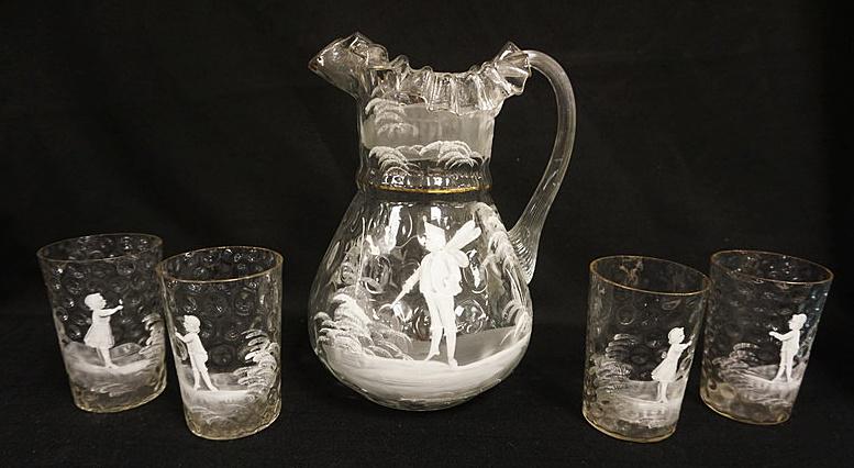 MARY GREGORY 5 PIECE ENAMEL WATER SET (1 of 3)