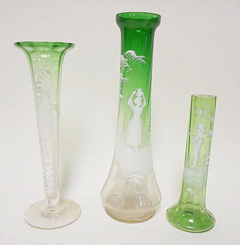 3 PIECE LOT OF ENAMEL DECORATED MARY GREGORY: 3 PIECE LOT OF ENAMEL DECORATED MARY GREGORY, GREEN & GREEN TO CLEAR, SOUVENIR 1899. A.C. N.J., LARGEST IS APPROXIMATELY 12 IN