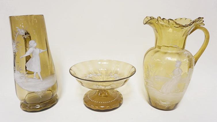 3 PIECE LOT ANTIQUE BLOWN GLASS MARY GREGORY: 3 PIECE LOT ANTIQUE BLOWN GLASS MARY GREGORY, ENAMELED AMBER, TALLEST IS APPROXIMATELY 10 IN HIGH