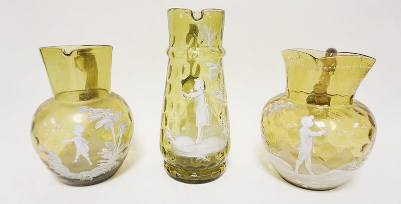 3 PIECE LOT OF GREEN ENAMELED MARY GREGORY: 3 PIECE LOT OF GREEN ENAMELED MARY GREGORY, BLOWN GLASS, TALLEST IS APPROXIMATELY 10 IN HIGH
