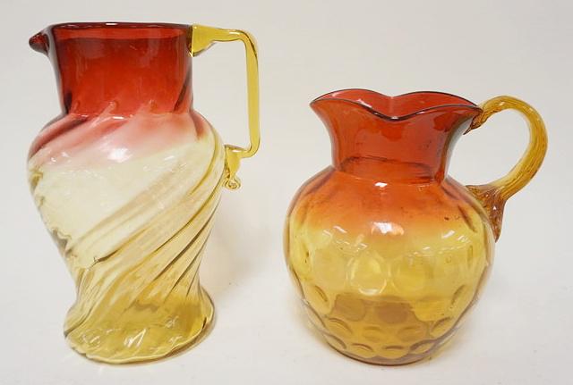 2 VICTORIAN BLOWN GLASS AMBERINA PITCHERS (1 of 4)