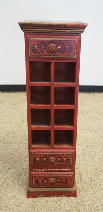 PAINT DECORATED 3 DRAWER CABINET: PAINT DECORATED 3 DRAWER CABINET, 13 IN X 11 IN X 40 IN HIGH