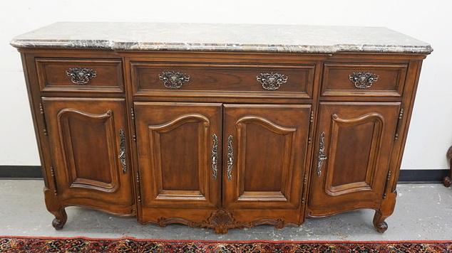 BERNHARDT MARBLE TOP WALNUT SERVER: BERNHARDT MARBLE TOP WALNUT SERVER, 3 DRAWER, 4 DOOR, APPROXIMATELY 74 IN X 24 IN X 41 IN HIGH