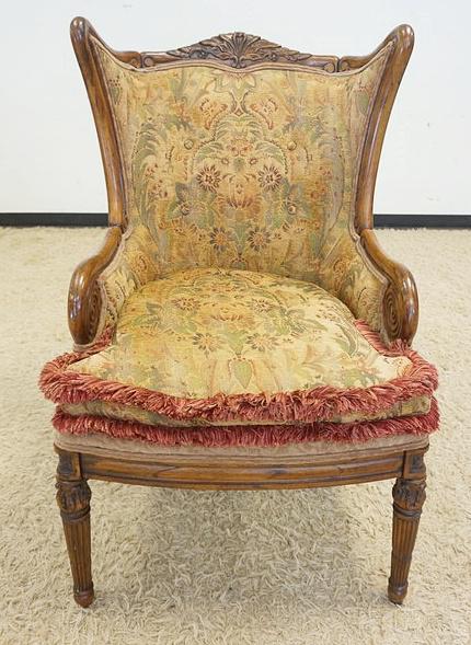 ORNATE UPHOLSTERED ARMCHAIR: ORNATE UPHOLSTERED ARMCHAIR W/FLUTED LEGS & SPIRAL CURLED ARM ENDS