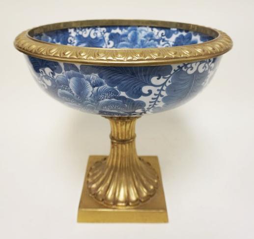 LARGE CONTEMPORARY BRASS & PORCELAIN COMPOTE: LARGE CONTEMPORARY BRASS & PORCELAIN COMPOTE, APPROXIMATELY 15 IN X 14 1/2 IN HIGH