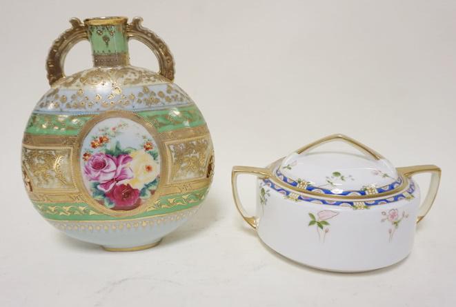 NIPPON VASE AND COVERED DISH: NIPPON 2 PIECE LOT WITH VASE AND COVERED DISH, TALLEST APPROXIMATELY 9 1/2 IN
