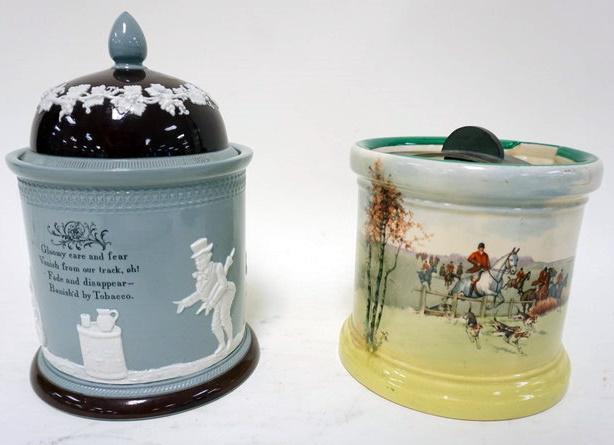 ANTIQUE SPODE AND ROYAL DOULTON TABACCO JARS: ANTIQUE SPODE COPELAND ENGLAND AND ROYAL DOUTON TOBACCO JARS, 2 CHIPS ON LID OF COPELAND JAR, LARGEST APPROXIMATELY 7 3/4 IN