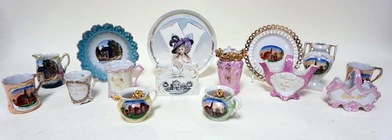 EASTON PA ANTIQUE SOUVENIR PIECES: EASTON PA LOT OF ANTIQUE SOUVENIR PIECES, 15 INCLUDING PLATES, VASES AND MINIATURE MUGS