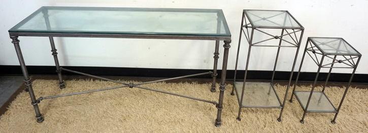 GLASS TOP IRON BASE TABLE AND 2 STANDS (1 of 2)
