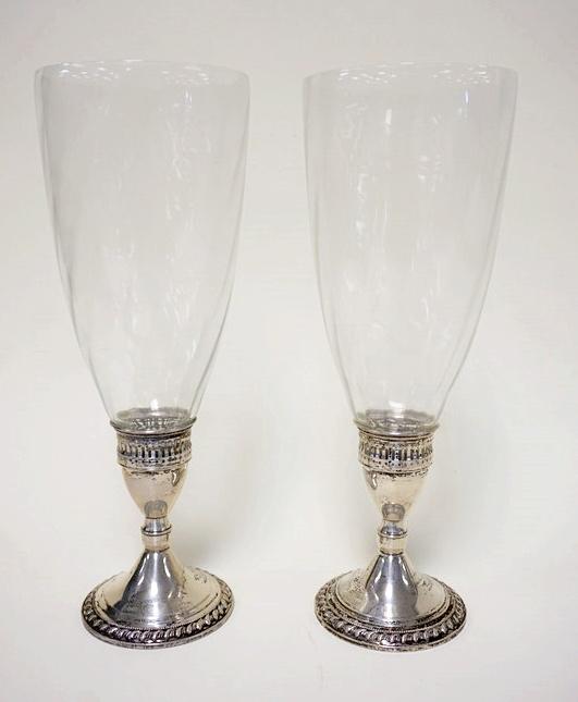 PAIR OF STERLING WEIGHTED HURRICANE LAMPS: PAIR OF STERLING WEIGHTED HURRICANE LAMPS, APPROXIMATELY 31 IN HIGH